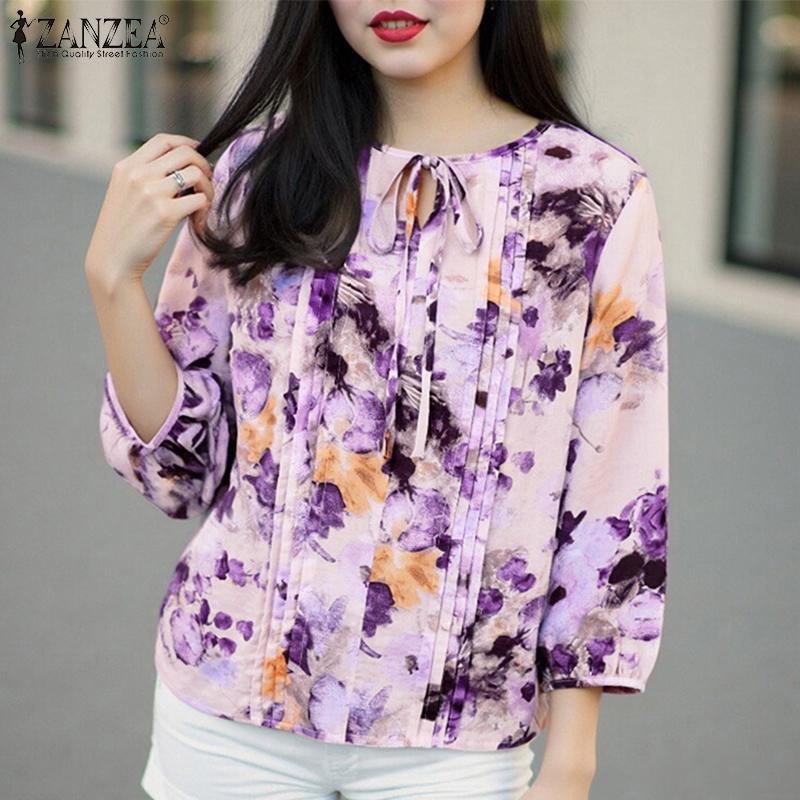 ZANZEA Women Casual Round Neck 3/4 Sleeve Loose Floral Print Blouse
