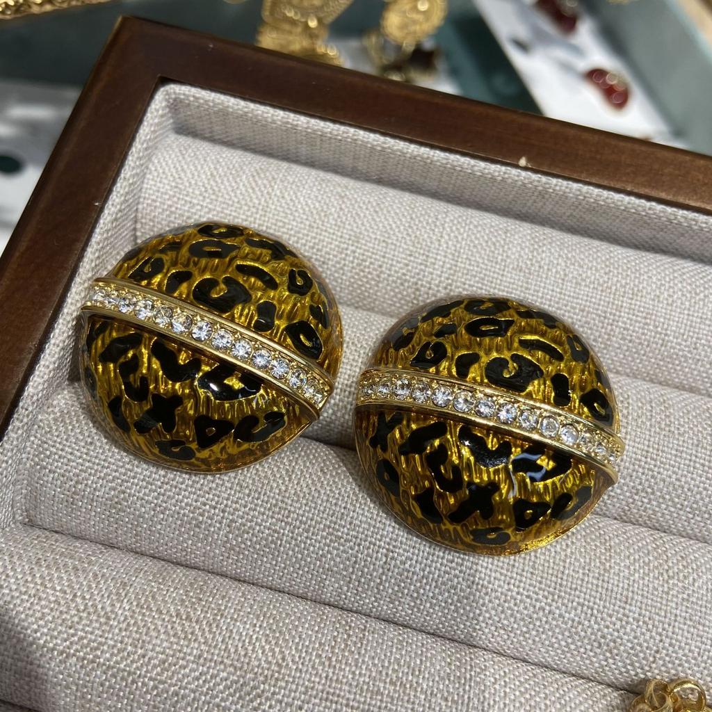 Vintage Enamel Oil Drop Leopard Print Round Necklace Stud Earrings Jewelry Set Zircon Round Necklace