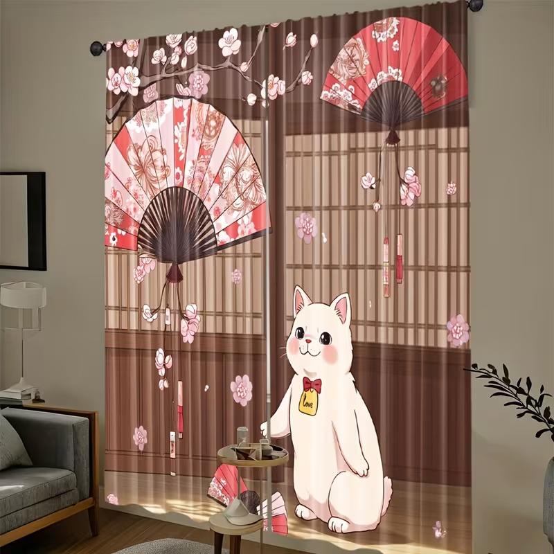 Japanese Cat Print Curtains Suitable Bedroom Living Room Kitchen Decoration Home Window Curtain Set Of 2 Made Polyester Washable Sitting Ready