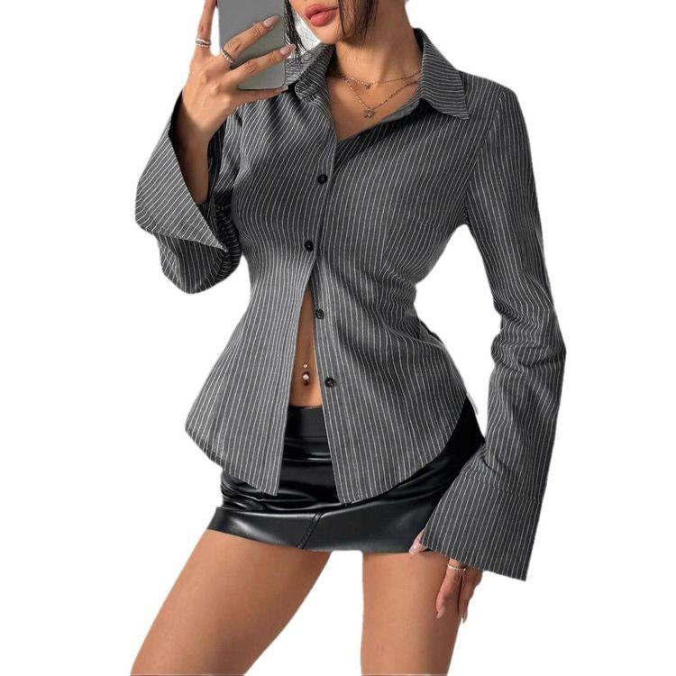 Women's Striped Button Down Long Sleeve Fitted Blouse Flare Sleeve Casual Shirt