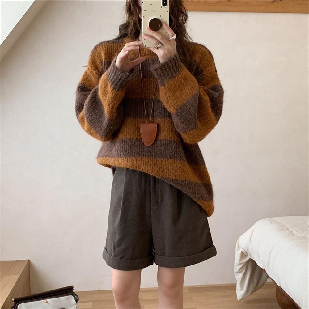 Contrasting color striped pullover sweater women's autumn and winter new loose lazy style casual soft waxy knitted sweater top women