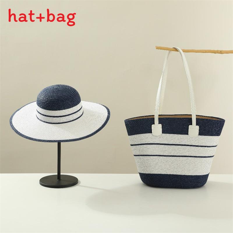 Woven Sun Hat And Large Capacity Straw Tote With Striped Pattern For Travel And Casual Wear