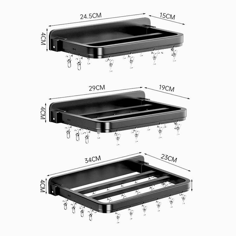 Laundry Organizer 12/20/26 Hooks Shelf Bra Underwear Fixed Wall Mounted Socks Clips Aluminium Alloy No Drilling Black