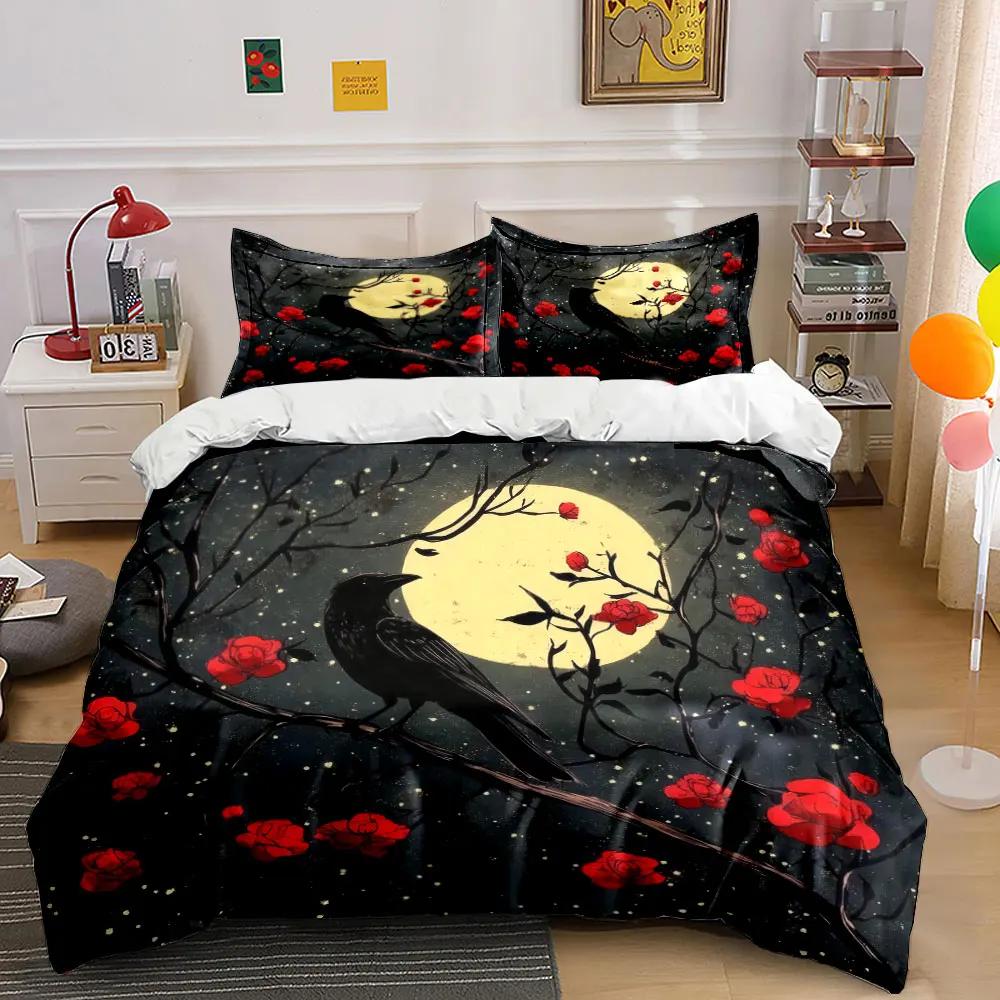 "Moonlight Raven Floral Art Set" Soft Comfortable Duvet Cover Bedding Set Included 1*Duvet Cover & 2*Pillowcases, gift