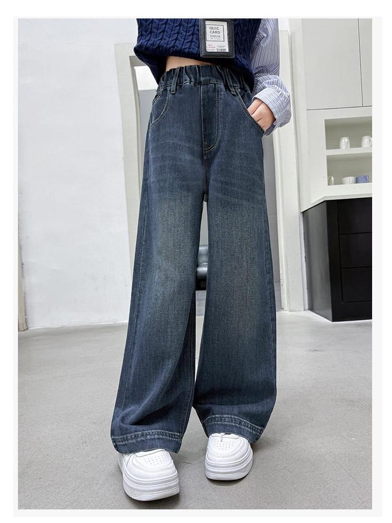 Girls' Stylish Wide-Leg Jeans with Pocket Embroidery - Autumn 2025 Collection