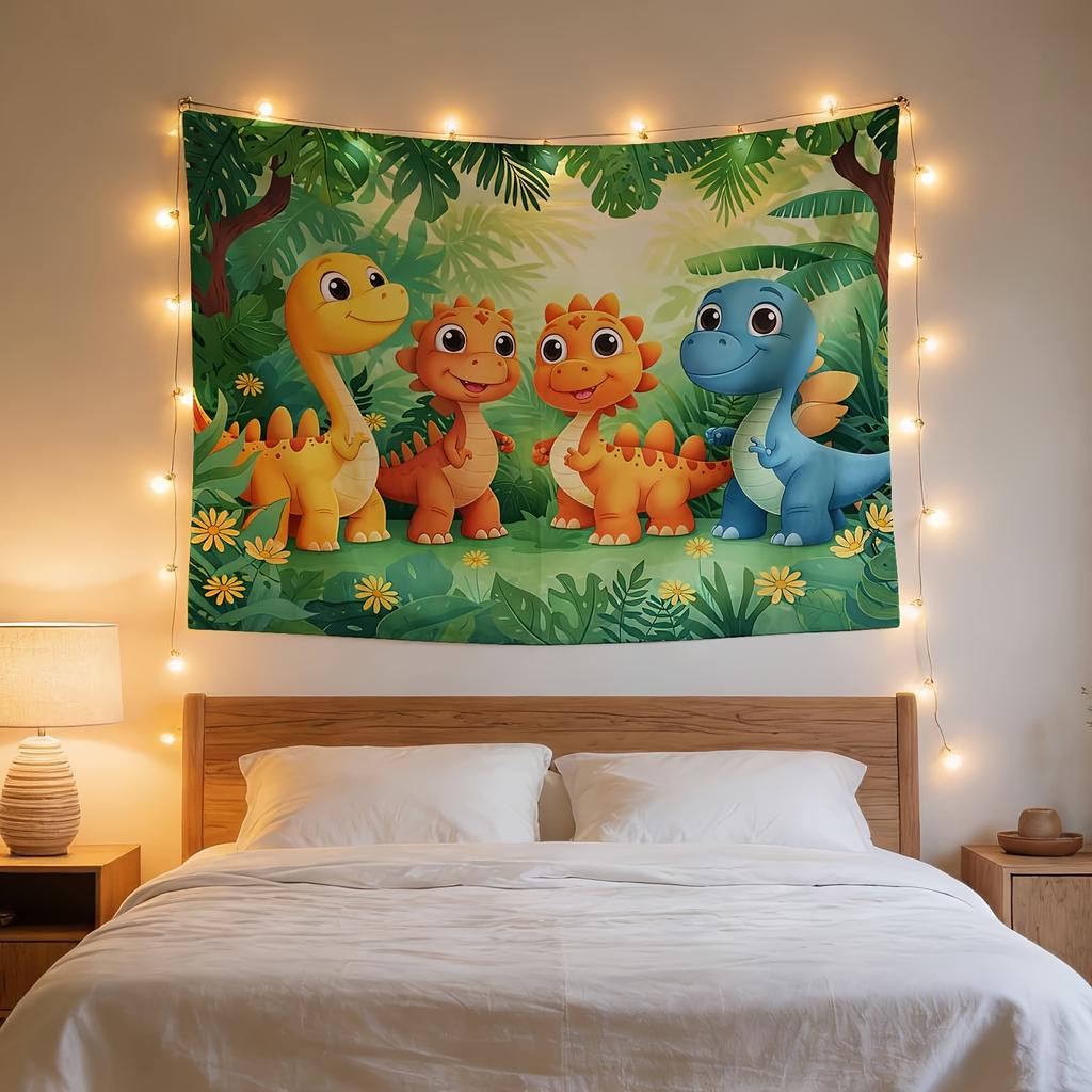 Adorable Baby Dinosaur Tapestry, Tropical Jungle Dino Print Wall Art, Perfect Kids Bedroom & Playroom Decor