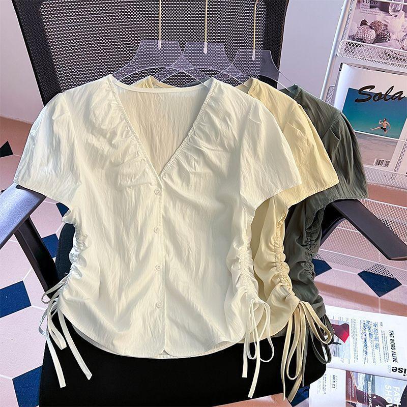 V-Neck Puff Short Sleeve Blouse, Adjustable Side Drawstring Ruched Slim Fit Summer Button Top