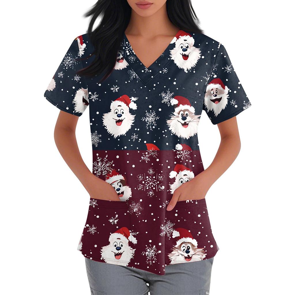Women's Fashion V-neck Short Sleeve Workwear With Pockets Christmas Printed Tops