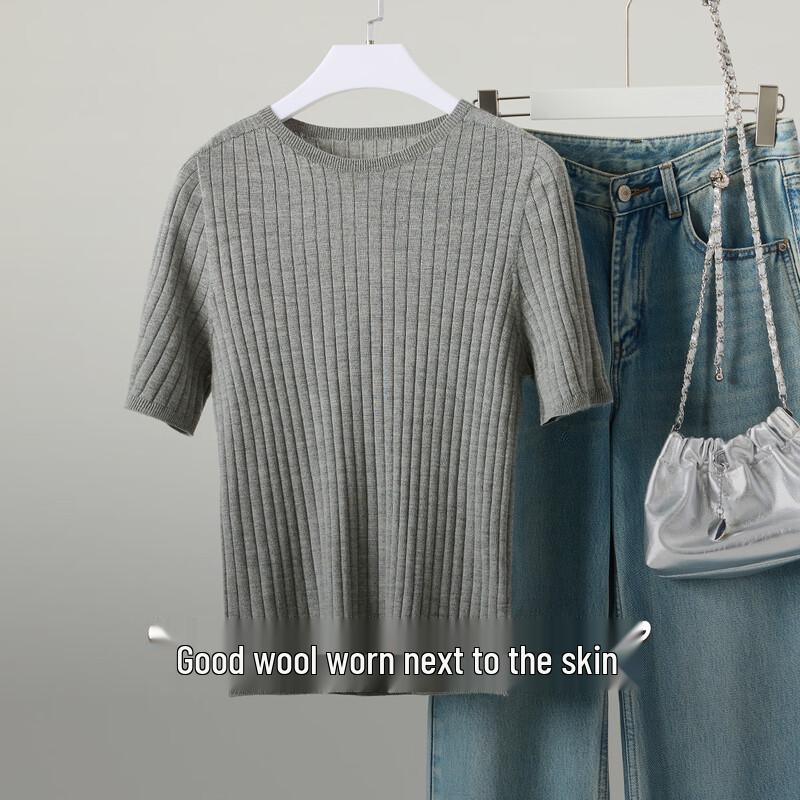 Northern Deer Silk Wool Blend Ribbed Knit Short Sleeve Top XL