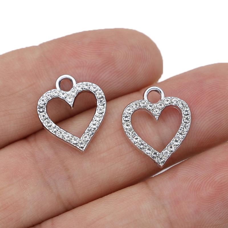 10Pcs Silver Plated Pink Crystal Heart Charm Pendant For Jewelry Making Earrings Bracelet Necklace Accessories Diy Findings