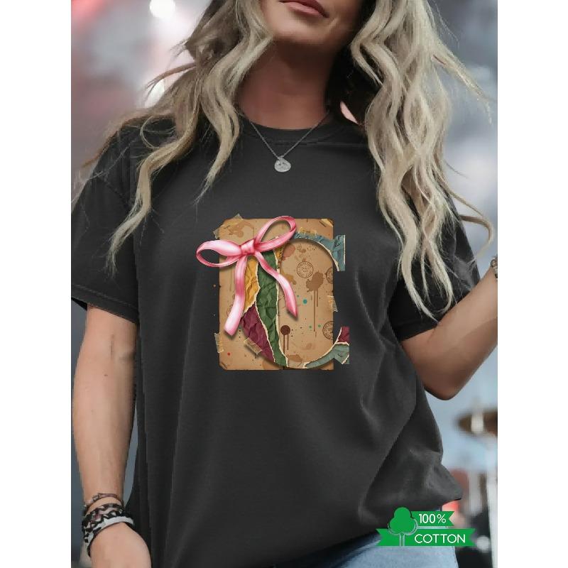 Fashionable Letter Anime Printed Women s Round Neck T-shirt with Simple Design, Comfortable and Breathable S чёрный