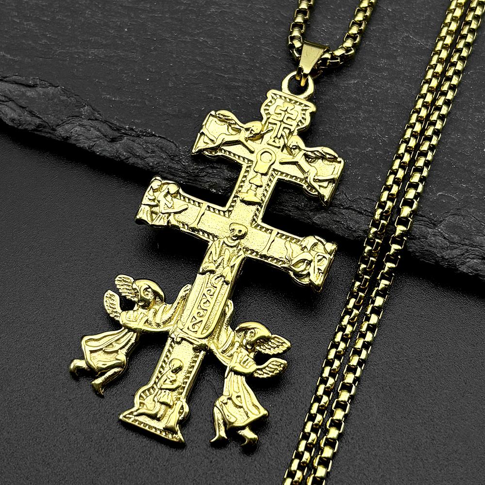 Catholic INRI Caravaca Cross Jesus Crucifix Cherub Angel Pendant Necklace for Women Men Stainless Steel Orthodox Jewelry Gift