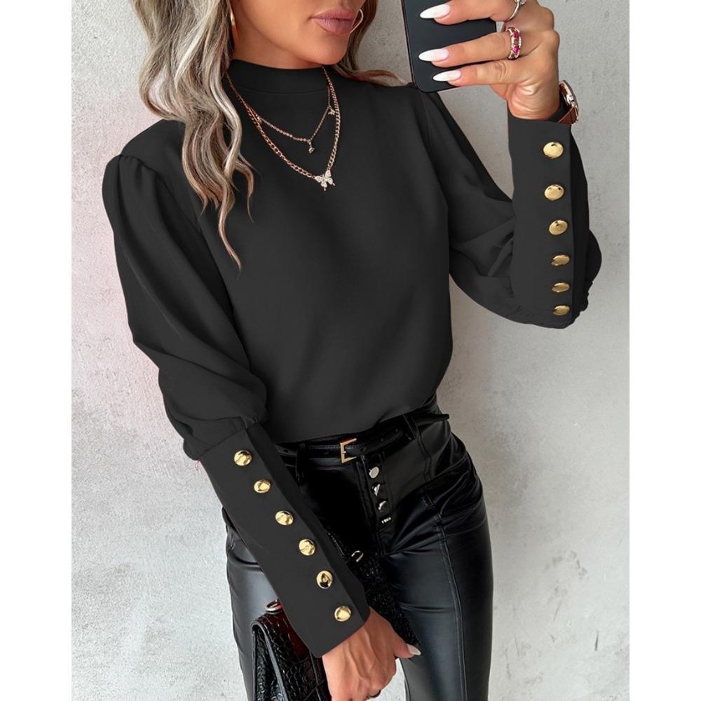 HNXC Women's Fashion Casual Autumn Winter Solid Color Print Long Sleeve Half Turtleneck Blouses & Shirts