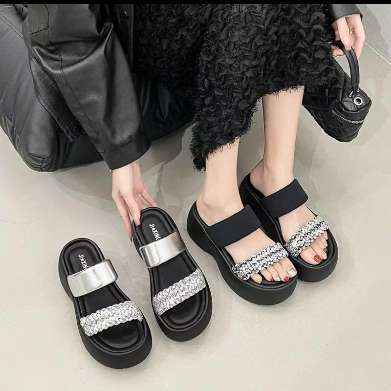 Thick-bottomed Slope Heel Rhinestone Outer Slippers Women's Summer New Versatile Square Head Open-toed Sandals