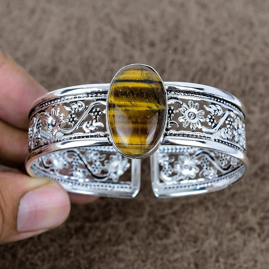 Tiger Eye Gemstone Handmade 925 Sterling Silver Cuff Bangle Adjustable KKG-768