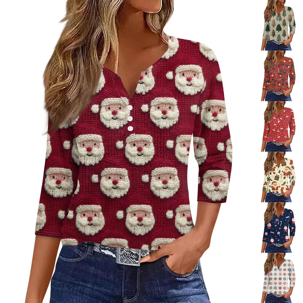 Women's Fashion Casual Halloween Printed V-Neck Short Sleeve Decorative Button Three-quarter Sleeve T-shirt Top
