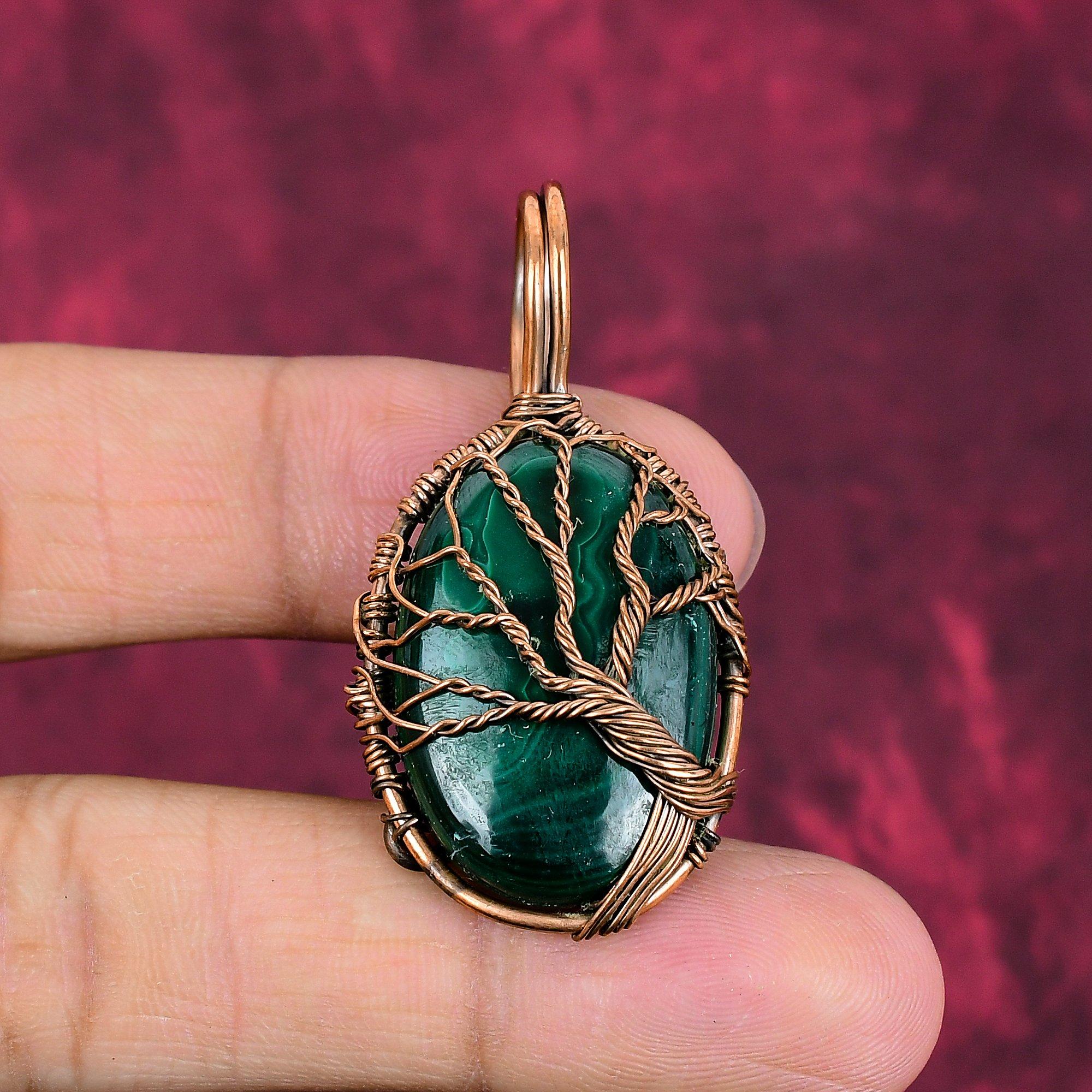 Tree Of Life Malachite Pendant Real Gemstone Jewelry Copper Wire Wrapped Pendant