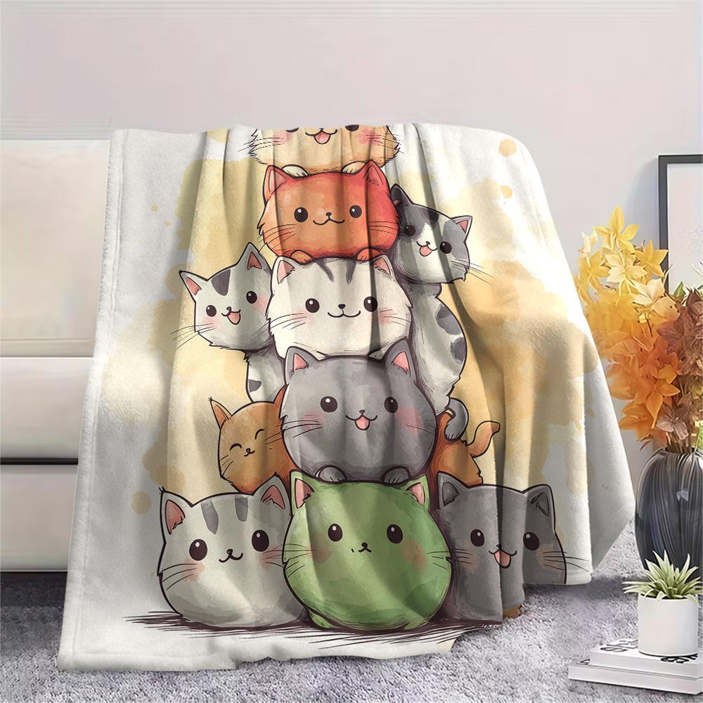 Stacked Cats Print Flannel Blanket, High quality Comfortable for All Seasons, Home Decor, Warmth and Comfort