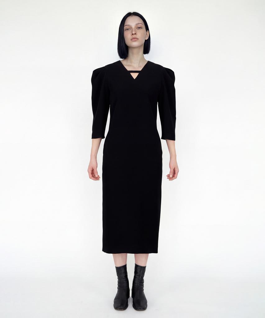 Myuleus Puff Shoulder Long Dress Imported Fabric [Black]