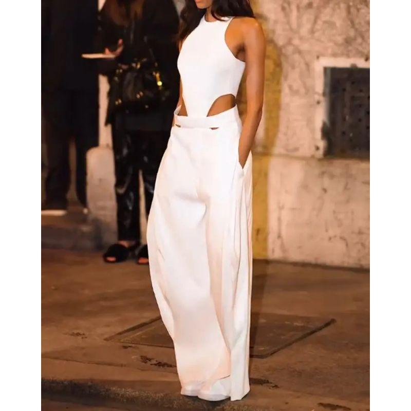 

European and American Women Solid round Leader Hollow out Slim fit High Waist Wide Leg Jumpsuit Women Hollow Jumpsuit White XL