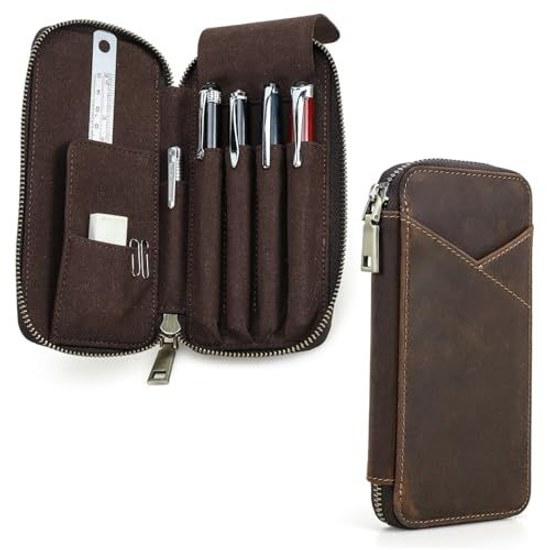 Nannlia Crazy Horse Leather Pen Case Pencil Box 4 Holder Ranking Mechanical Lead Student ID Pocket Included (Brown)