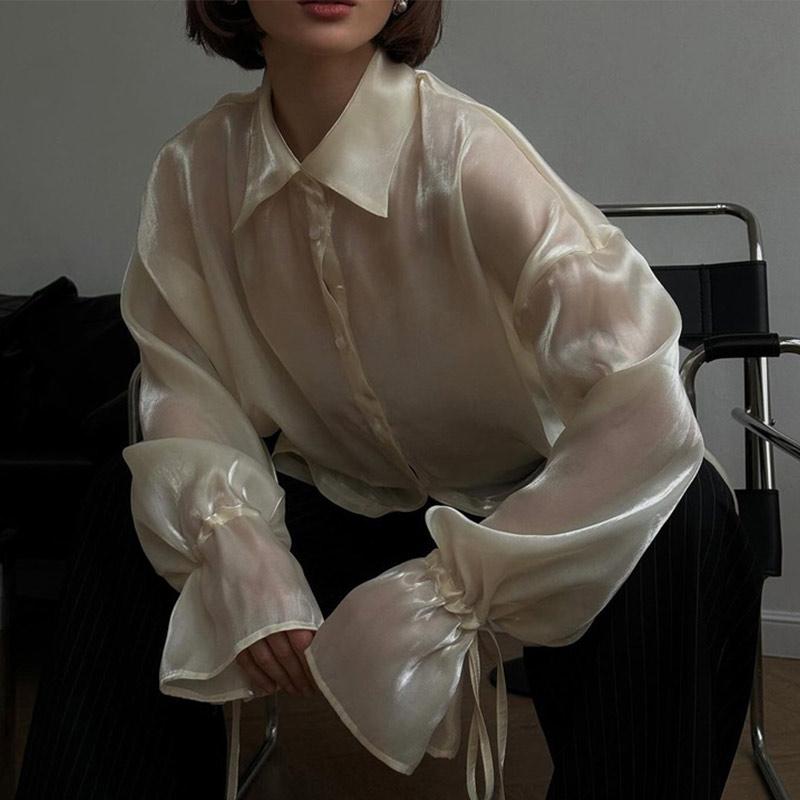 Fashion Loose Beige Shirt Women's Casual Sun Protection Solid Button Outwear Shirt Long Sleeve Top Thin See Through Shirt