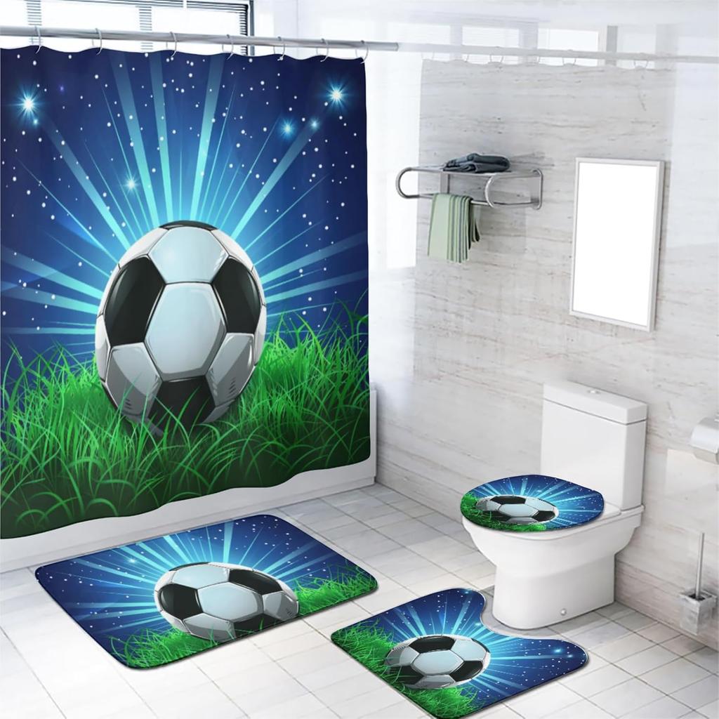 Sport Game Fabric Shower Curtain Set Cool Basketball Soccer Volleyball Rugby Baseball Graffiti Sports Theme Bathroom Set Decor