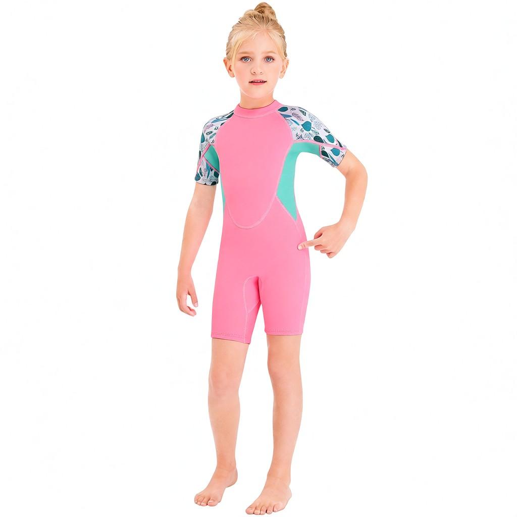 Girls Short Wetsuit One Piece Shorty Diving Swimsuit with Zipper Quick Dry Short Sleeves Surf Suit for Water Sports