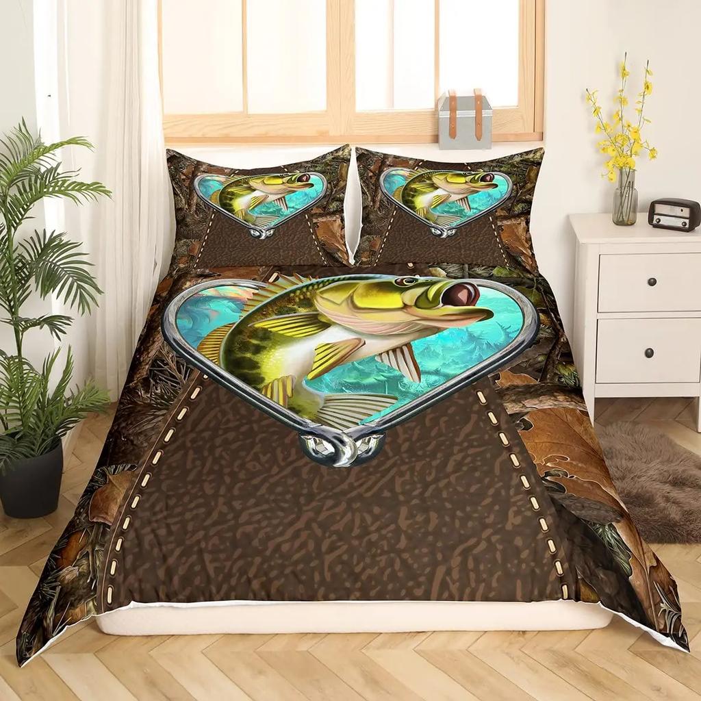Pike Fish Bedding Striped Bass Big Pattern Hunting and Fishing Themed Duvet Cover for Kids Boys BedRoom Decorations for Teens