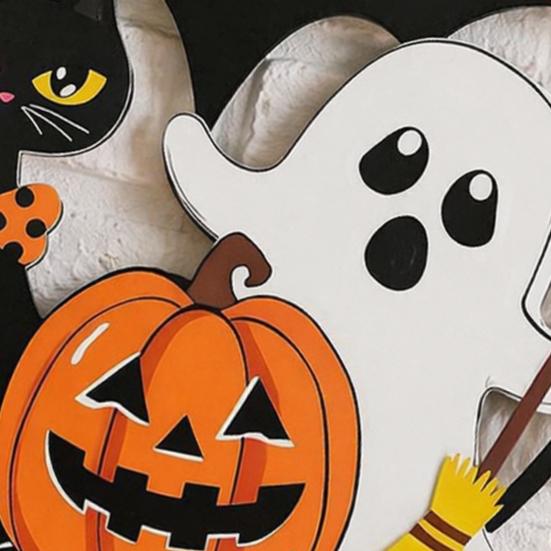 Weather Resistant Halloween Props Wood Hanging Ornament with Ghost Pumpkin Bat Cat Prints, Durable Ornaments Waterproof Front Door Sign for