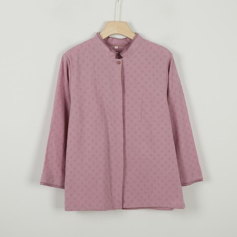 

Johnature Women Chinese Style Shirts Tops Stand Long Sleeve Blouses Spring Solid Color Jacquard Shirts XXL розовый