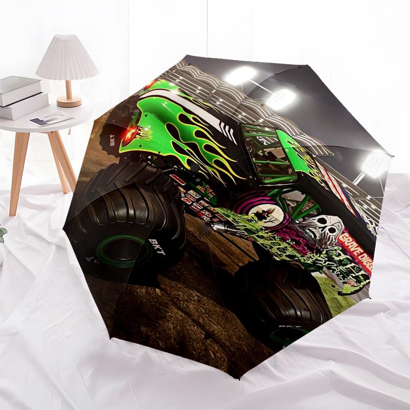 Monster Truck, Grave Digger Thema, Automatisches Öffnen und Schließen, Kompakter Reiseschirm, Leicht und Tragbar, Geeignet für B