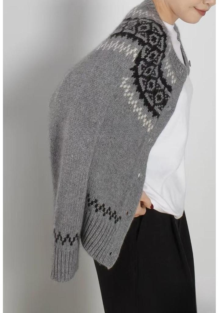 Women's Fair Isle Retro Cashmere Cardigan: Round Neck, Jacquard Sweater Coat, Loose Knit Top