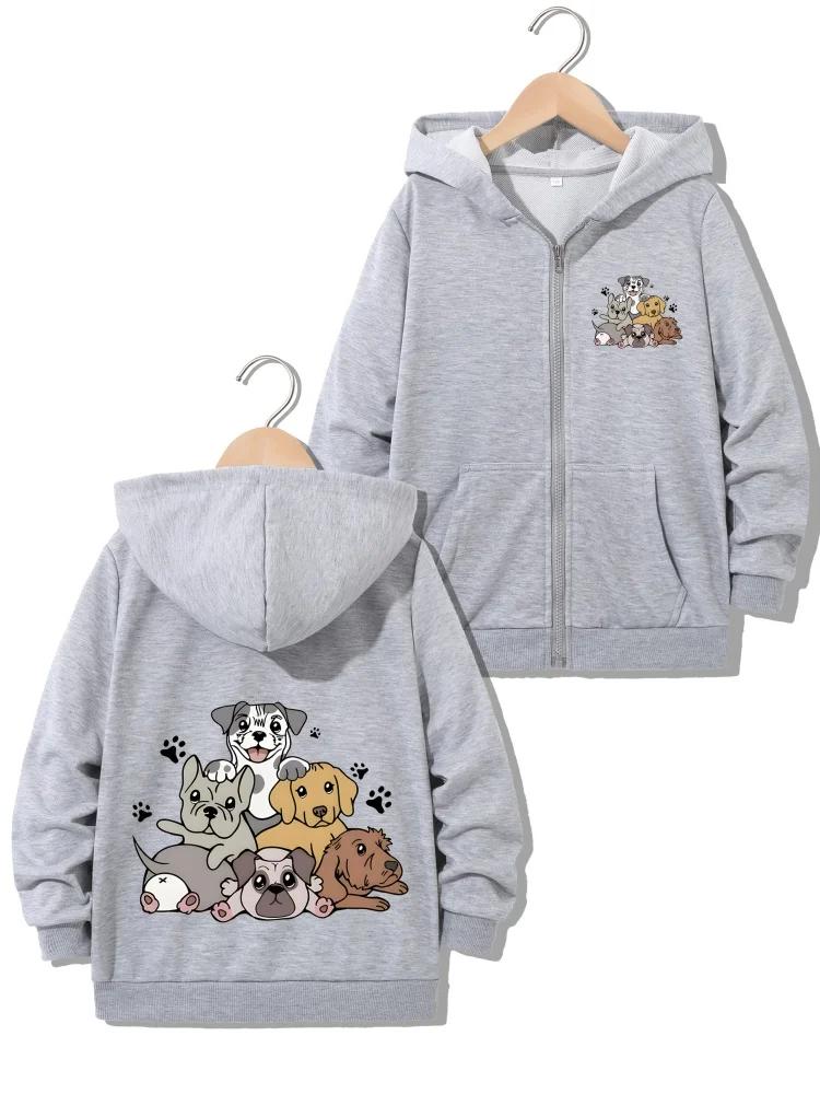 Children Full Zip Hooded Sweatshirt Multiple Dog Breeds Graphic Loose Daily Outerwear With Front Pocket