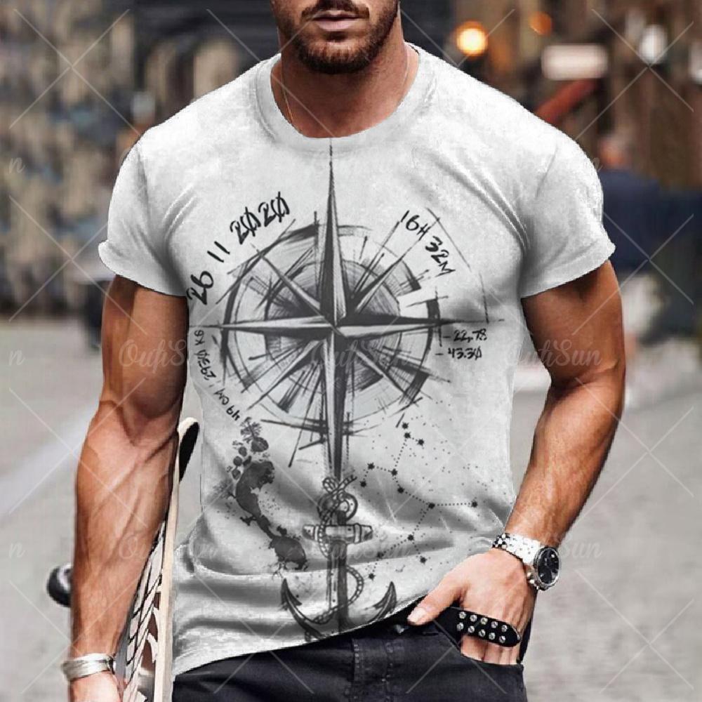 T-shirt imprimé boussole vintage pour hommes, chemise à manches courtes, hauts nautiques, sweat-shirt à col rond d'été, vêtements de créateur quotidiens pour hommes