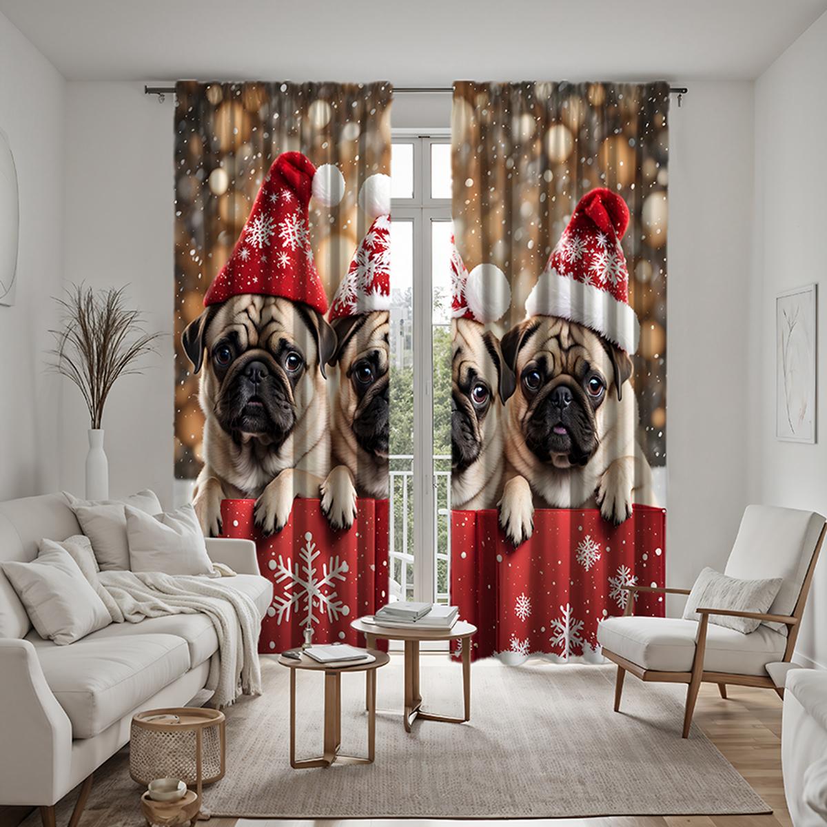 

2 шт. HD Рождество Три щенка в шапке Санты Декоративная занавеска Красный галстук цифровая печать занавеска Домашнее украшение стиль Декор W52H63inchW132H160cm