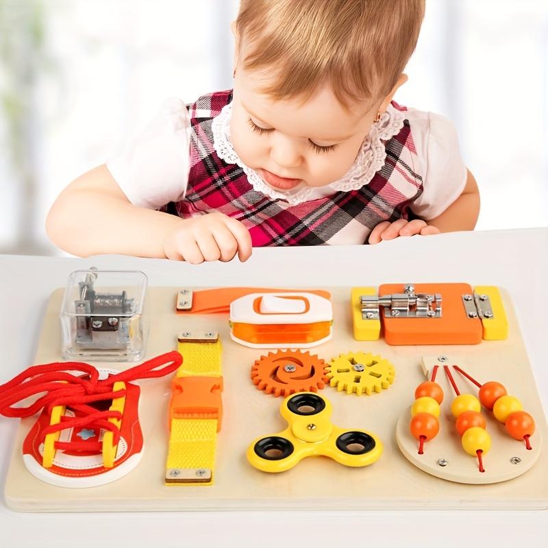 Wooden Hot Air Balloon Busy Board Sensory Play Toy with Locks, Gears Ropes, Orange Yellow Spring Theme, Ideal Birthday Gift for Youngsters