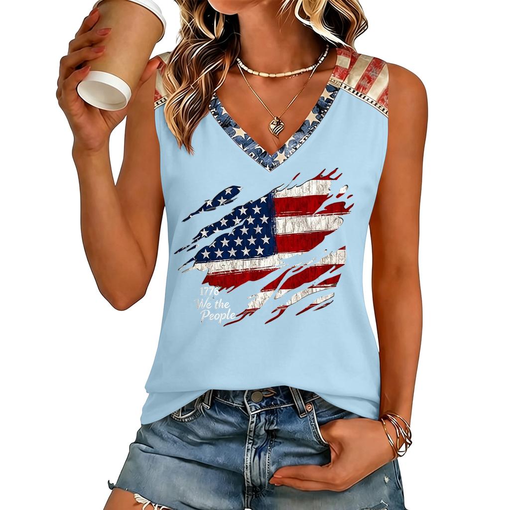 Women’s V Neck Casual Short Sleeve Top with Letter Print and Distressed Flag Graphic Lightweight Relaxed Fit Tee Shirt