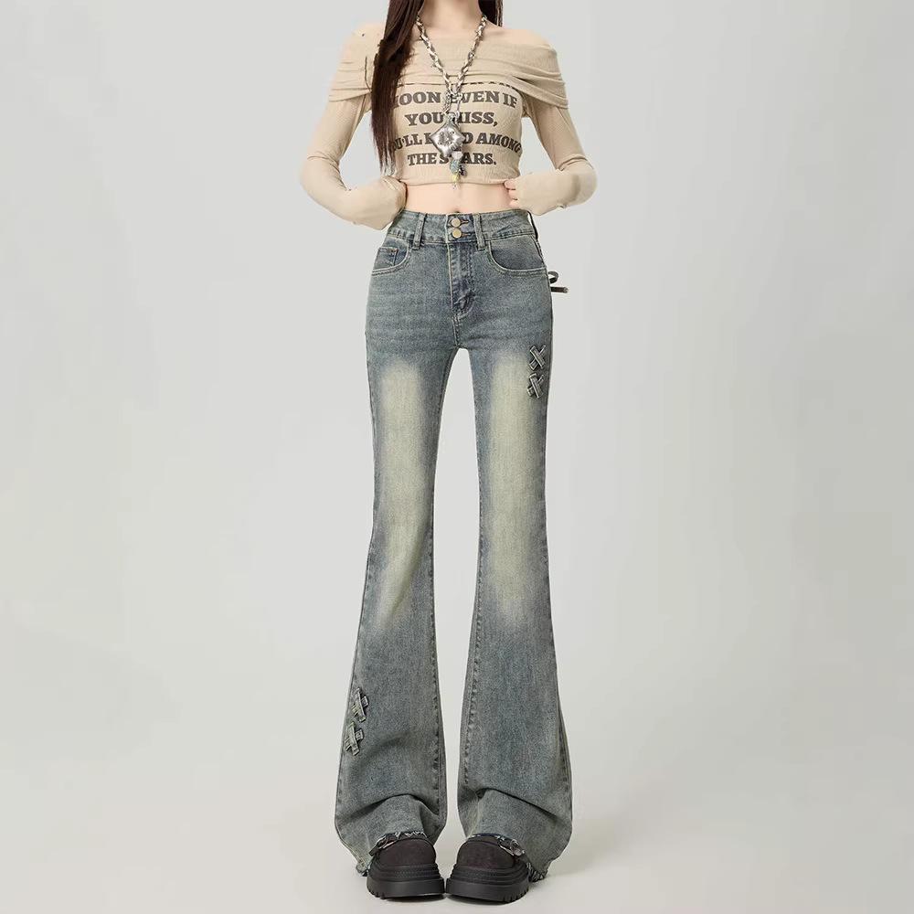 High-waisted micro-pull jeans women's spring trend versatile bow design sense slim-fitting thin micro-pull trousers
