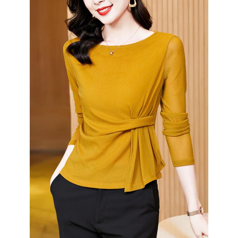 Mesh Long-sleeved T-shirt for Women in Autumn New Fashion Slim Shirt Waist Lace Top