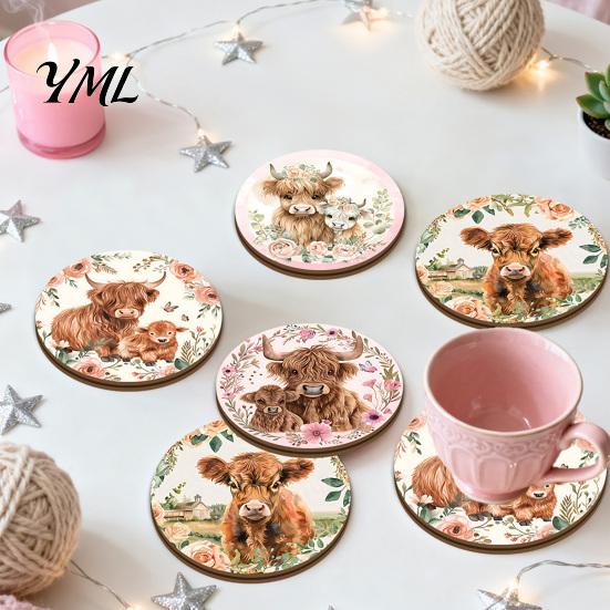 Scratch Resistant Desktop Pads Highland Cow Cork Coasters, Cute Floral Farmhouse Drink Mats with Decorative Home Kitchen Accessories Non-Slip