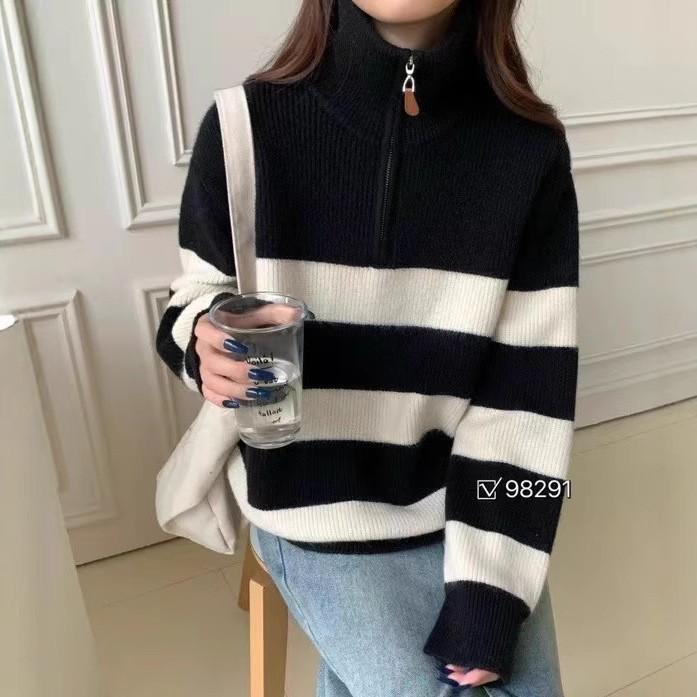 

Женский пуловер на осень и зиму, трикотажный свитер с контрастными полосками, топ с полуоткрытым воротом на молнии average size
