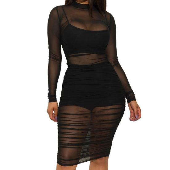 Rochie transparentă cu mânecă lungă pentru femei sexy, set de pantaloni scurti cu camisole, ținută de club
