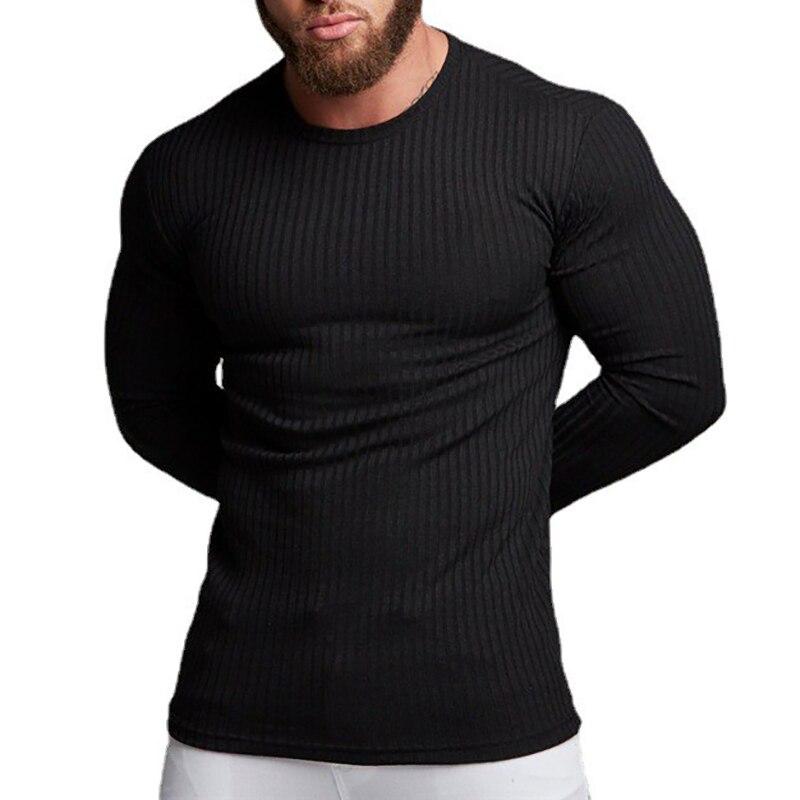 Muscleguys Fashion Autumn Plain Colour Long Sleeved Men's Round Neck Thin Knit Shirt Casual Fitness Clothes
