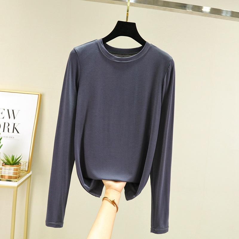 Modal Solid Basic T-skjorte O-hals Langermet Dame Høstbunn T-skjorter Alle match T-skjorte Plus size underskjorte