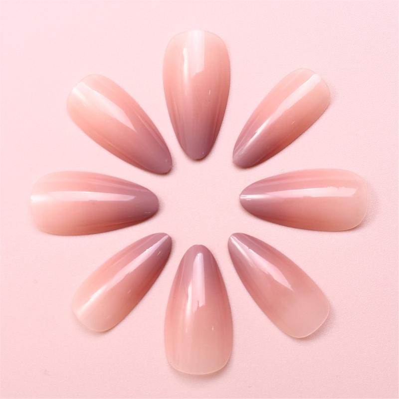 Oval Almond Acrylic Press On Nails 24Pcs Pink White Gradient False Nails with Glossy Finish for Women and Girls