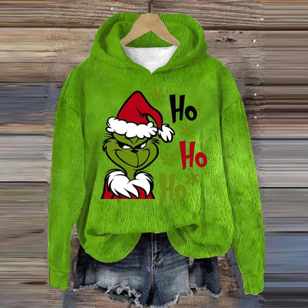 Damenmode, lässig, langärmelig, weihnachtlich bedruckt, Flanelloberteil mit Kapuze