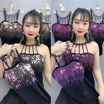 Damska elastyczna koszulka na ramiączkach z wyściółką, nowa, push-up, błyszcząca, z kryształkami, seksowna, z ramiączkami, kamizelka, krótki top, plaża, kobiety, diamentowy top