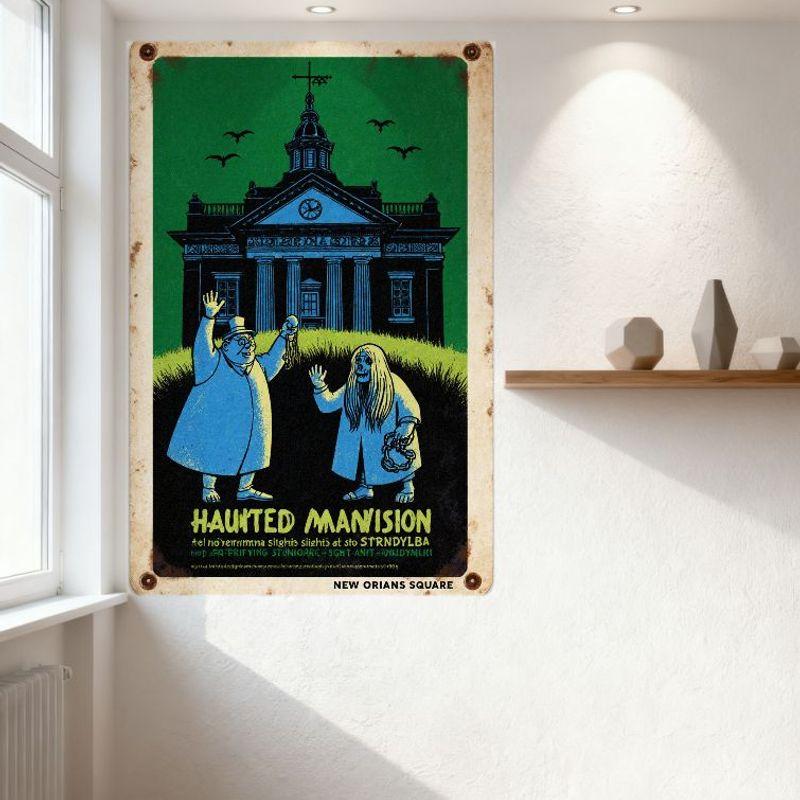 Vintage Haunted Mansion Tin Sign, Gothic Ghost & Ghostly Figure Metal Poster, New Orleans Square Wall Decor for Bar Pub Home, 8x