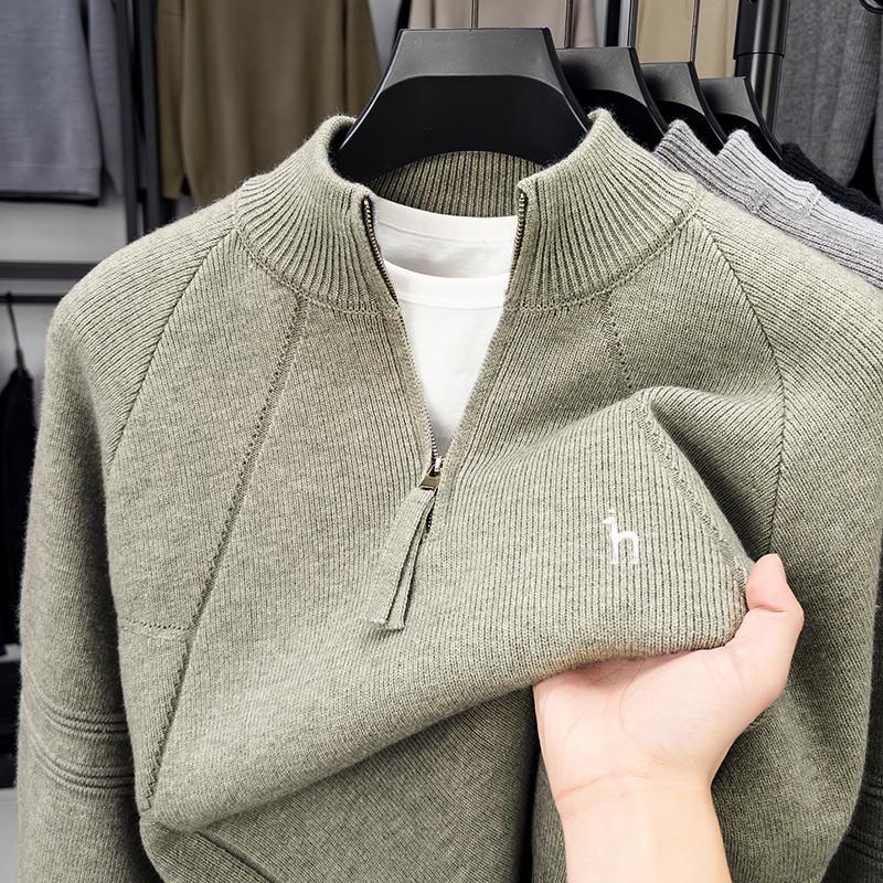 Мужской ретро-свитер с молнией и жаккардовым узором Haggis - Осень/Зима, однотонный трикотаж 4XL зелёный